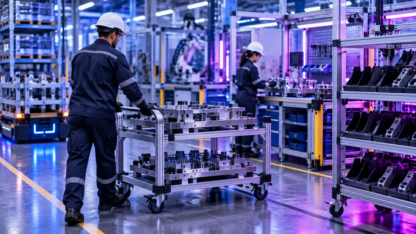 Imagem ilustrativa de carrinhos, estruturas metálicas e dispositivos de logística industrial
