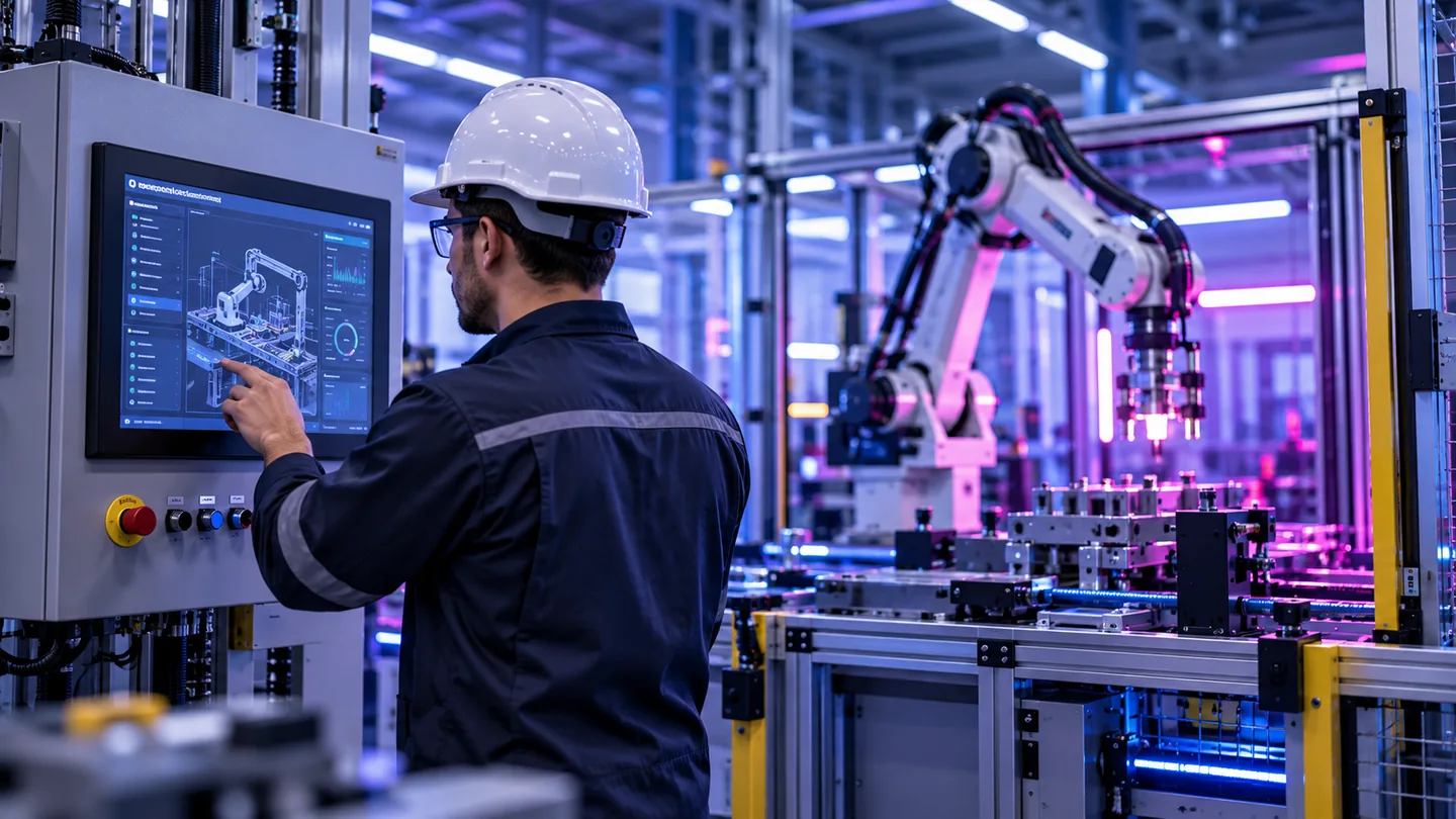 Imagem ilustrativa de engenheiro operando interface de automação em célula robotizada
