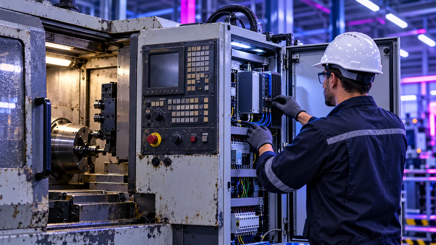 Imagem ilustrativa de modernização de máquina CNC e atualização de painel de controle